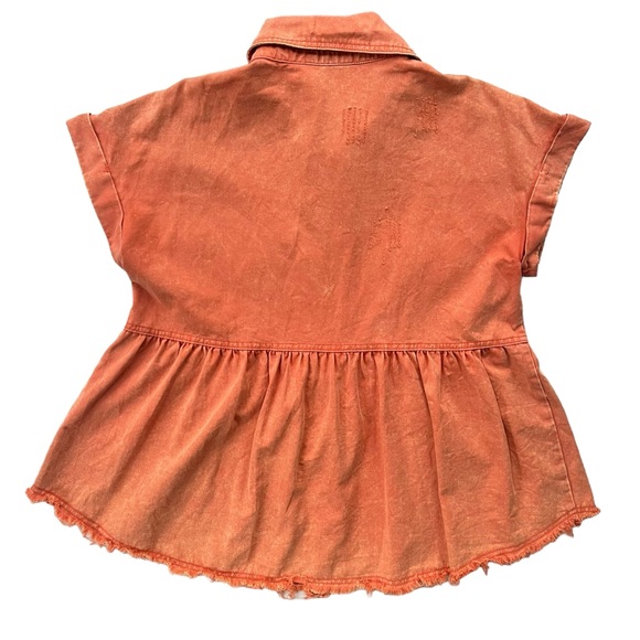 Entro Women’s Sz Small Orange Short Sleeve Button Snap Collared Peplum Denim Top - Picture 2 of 16
